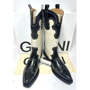 GANNI Embroidered Western Rodeo Cowboy Boots Black & Cream Leather EU 41 US 10